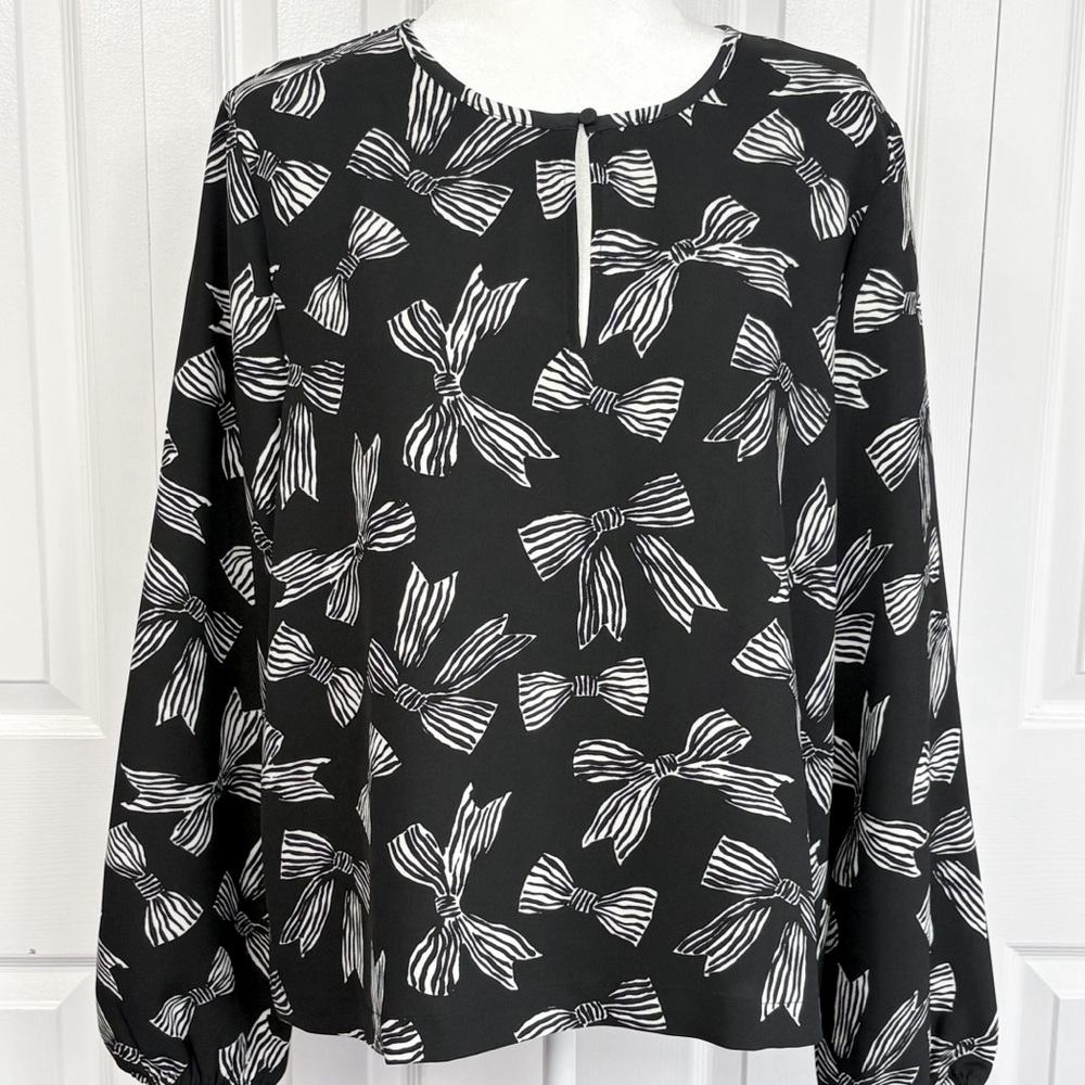 LOFT Black & White Bow Print Keyhole Long Sleeve Boxy Blouse Top Large